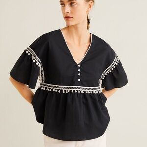 Mango Black Blouse with White Pom-Pom Detail